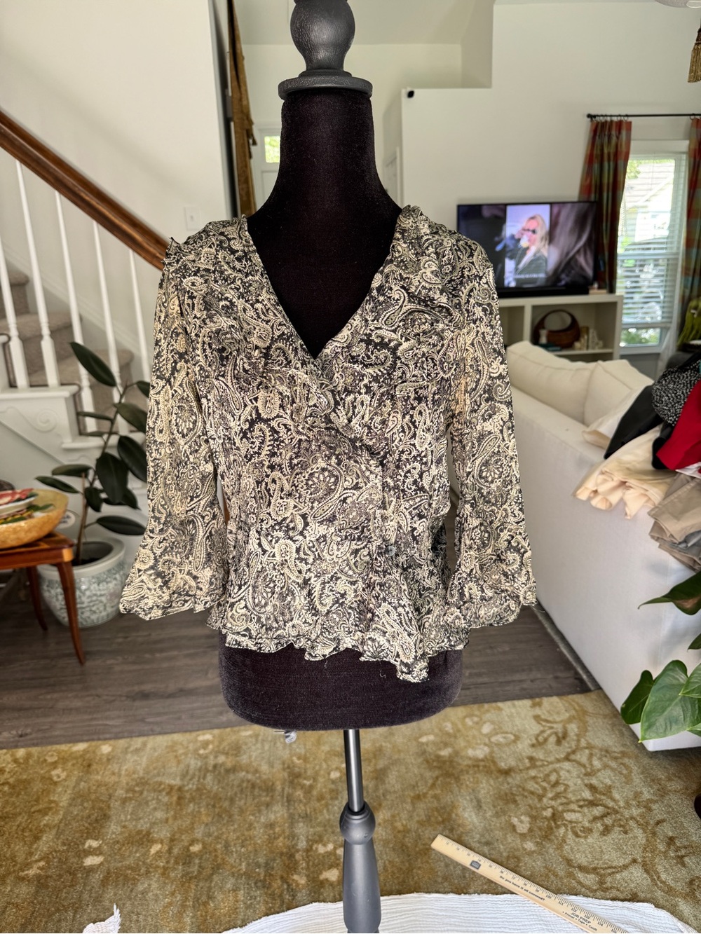 Ann Taylor Silk Black and Cream Paisley Wrap Top